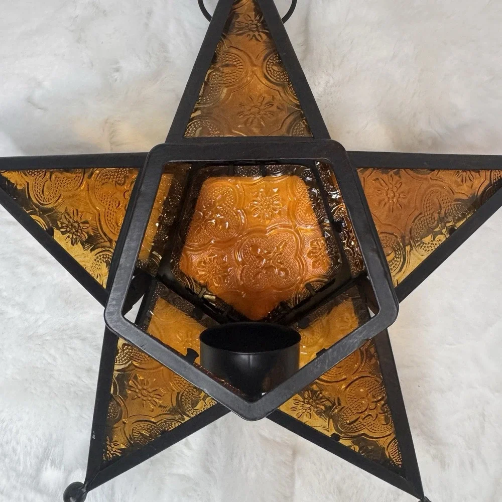 VTG Moroccan Star Style Amber Glass Metal Hanging Tea Light Candle Lantern 9.5